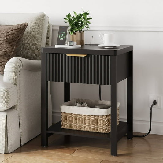 Laintene Fluted Nightstand with Charging Station - Modern Bedside Table with Drawer & Open Shelf, 2 AC Outlets + USB &Type-C for Bedroom & Living Room, Black