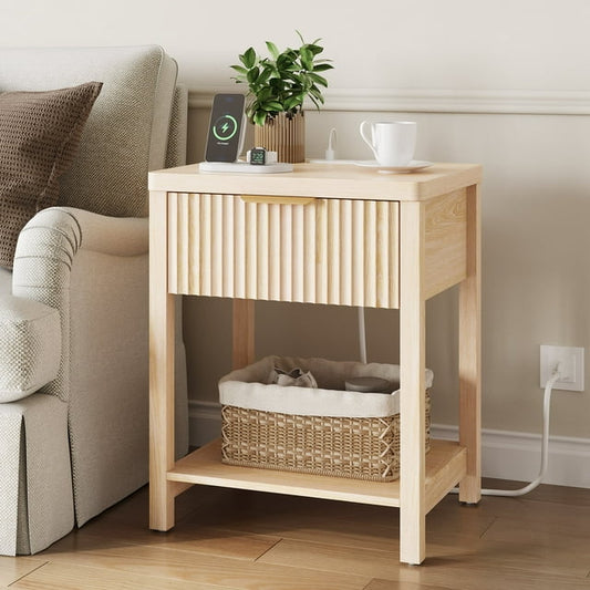 Laintene Fluted Nightstand with Charging Station - Modern Bedside Table with Drawer & Open Shelf, 2 AC Outlets + USB &Type-C for Bedroom & Living Room, Natural