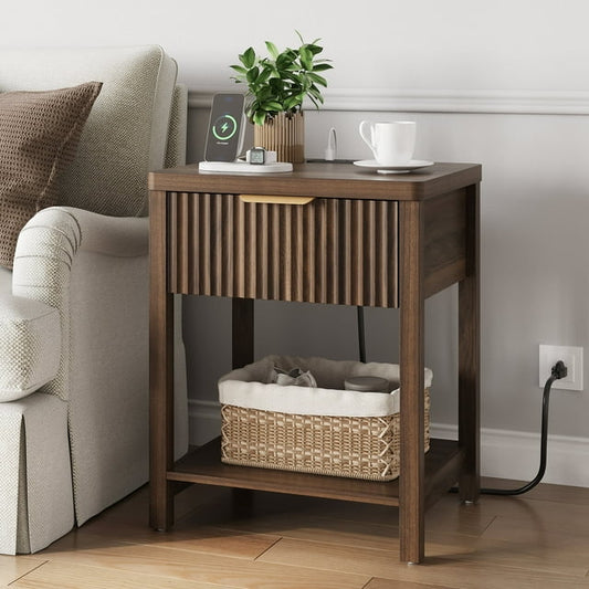 Laintene Fluted Nightstand with Charging Station - Modern Bedside Table with Drawer & Open Shelf, 2 AC Outlets + USB &Type-C for Bedroom & Living Room, Walnut