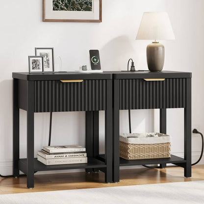 Laintene 3-Piece Boho Bedroom Set - 6-Drawer Dresser & 2 Nightstands with Drawer & USB Charging, Fluted Wooden Storage, Modern Dresser & Nightstand Combo, Black