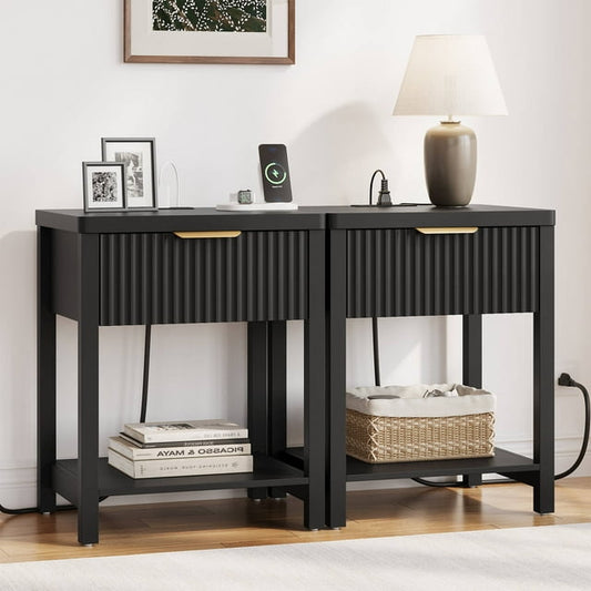 Laintene Fluted Nightstand Set of 2 - Modern Bedside Table with Drawer & Open Shelf, 2 AC Outlets + USB &Type-C for Bedroom & Living Room, Black