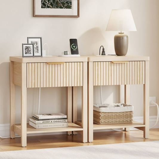 Laintene Fluted Nightstand Set of 2 - Modern Bedside Table with Drawer & Open Shelf, 2 AC Outlets + USB &Type-C for Bedroom & Living Room, Natural