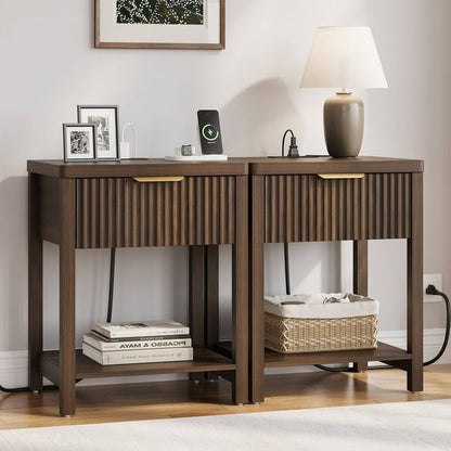 Laintene Fluted Nightstand Set of 2 - Modern Bedside Table with Drawer & Open Shelf, 2 AC Outlets + USB &Type-C for Bedroom & Living Room, Walnut