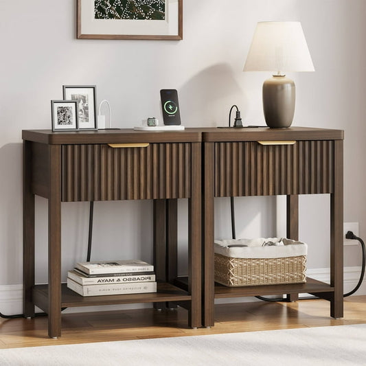 Laintene Fluted Nightstand Set of 2 - Modern Bedside Table with Drawer & Open Shelf, 2 AC Outlets + USB &Type-C for Bedroom & Living Room, Walnut