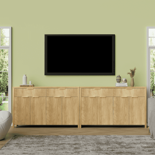 Laintene Fluted Sideboard, Storage Buffet Cabinet with Drawers, 55" TV Cabinet for Living Room with Adjustable Shelves, Wooden Accent Cabinet, Natural Oak Set of 2