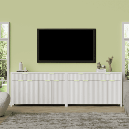 Laintene Fluted Sideboard, Storage Buffet Cabinet with Drawers, 55" TV Cabinet for Living Room with Adjustable Shelves, Wooden Accent Cabinet, White Set of 2