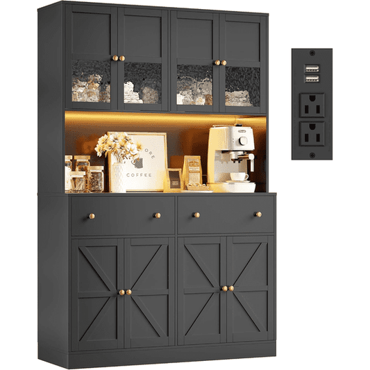 Laintene Kitchen Pantry Cabinet with Wine Rack, Storage Cabinet with Tambour Sliding Doors, Bar Cabinet with Glass Holder, Pantry Storage for Living Room, Kitchen, Entryway, Black
