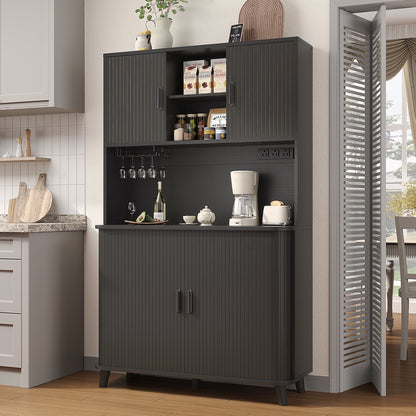 Laintene Kitchen Pantry Cabinet with Wine Rack, Storage Cabinet with Tambour Sliding Doors, Bar Cabinet with Glass Holder, Pantry Storage for Living Room, Kitchen, Entryway, Black