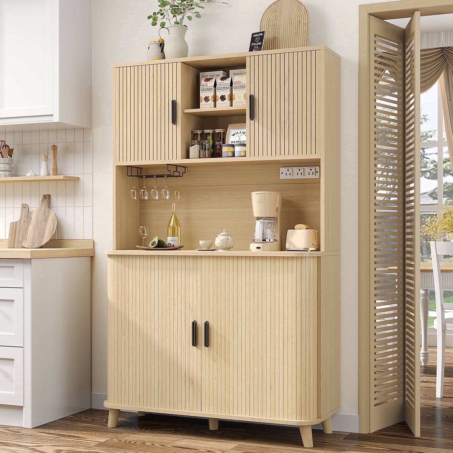 Laintene Kitchen Pantry Cabinet with Wine Rack, Storage Cabinet with Tambour Sliding Doors, Bar Cabinet with Glass Holder, Pantry Storage for Living Room, Kitchen, Entryway, Natural Oak
