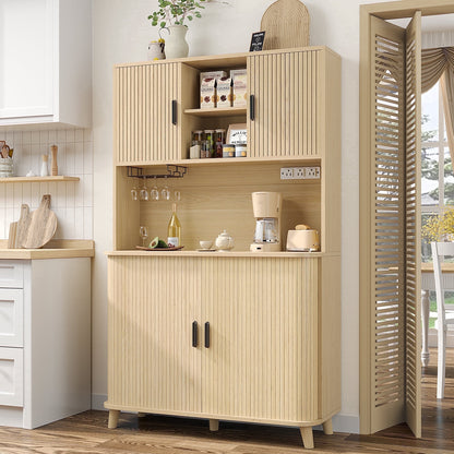 Laintene Kitchen Pantry Cabinet with Wine Rack, Storage Cabinet with Tambour Sliding Doors, Bar Cabinet with Glass Holder, Pantry Storage for Living Room, Kitchen, Entryway, Natural Oak