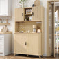 Laintene Kitchen Pantry Cabinet with Wine Rack, Storage Cabinet with Tambour Sliding Doors, Bar Cabinet with Glass Holder, Pantry Storage for Living Room, Kitchen, Entryway, Natural Oak