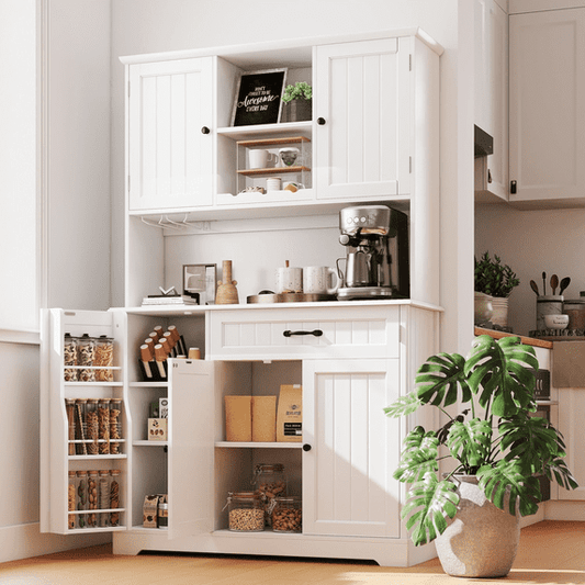 Laintene Kitchen Pantry Cabinet with Wine Rack, Storage Cabinet with Tambour Sliding Doors, Bar Cabinet with Glass Holder, Pantry Storage for Living Room, Kitchen, Entryway, Natural Oak