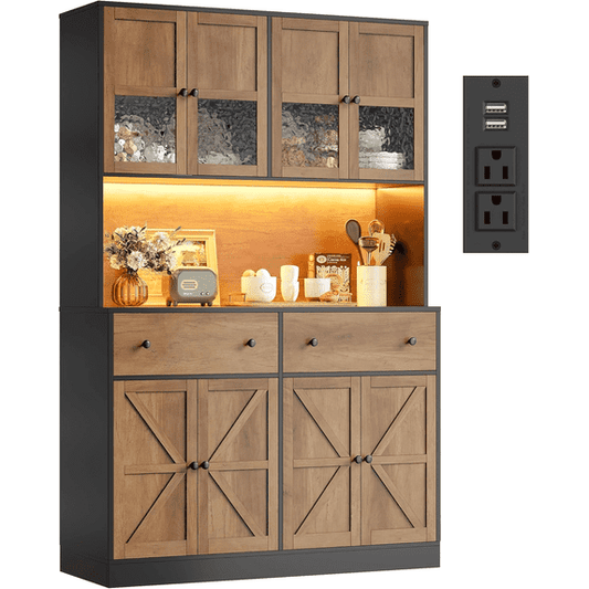 Laintene Kitchen Pantry Cabinet with Wine Rack, Storage Cabinet with Tambour Sliding Doors and Outlet, Bar Cabinet with Glass Holder, Pantry Storage for Living Room, Kitchen, Entryway, Walnut