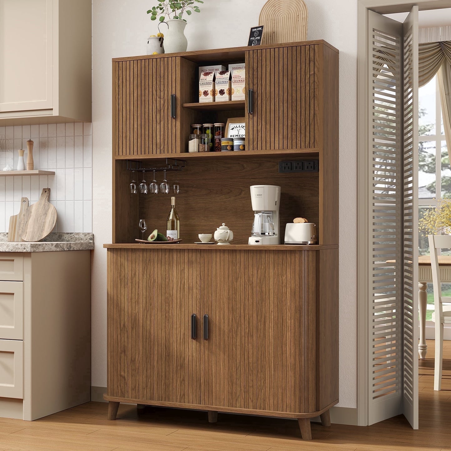 Laintene Kitchen Pantry Cabinet with Wine Rack, Storage Cabinet with Tambour Sliding Doors and Outlet, Bar Cabinet with Glass Holder, Pantry Storage for Living Room, Kitchen, Entryway, Walnut