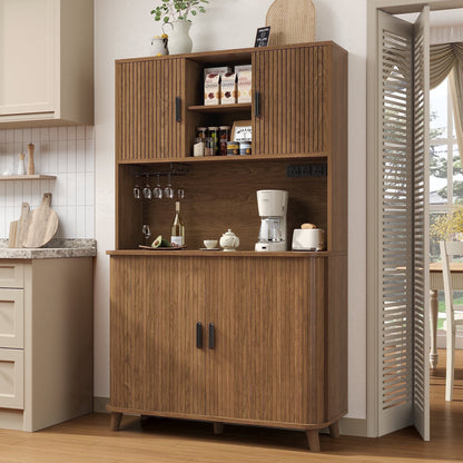 Laintene Kitchen Pantry Cabinet with Wine Rack, Storage Cabinet with Tambour Sliding Doors and Outlet, Bar Cabinet with Glass Holder, Pantry Storage for Living Room, Kitchen, Entryway, Walnut