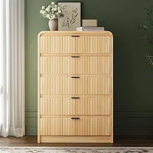 Laintene Modern 5 Drawers Dresser for Bedroom, 53" Wide Wood Dressers & Chests of Drawers w/Curved Profile Design, Mid Century Modern Dresser w/Natural Texture for Bedroom, Living Room, Natural Oak