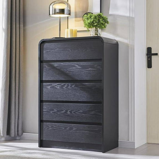 Laintene Modern 5 Drawers Dresser for Bedroom, 53" Wide Wood Dressers & Chests of Drawers w/Curved Profile Design, Mid Century Modern Dresser w/Natural Texture for Bedroom, Living Room, Black Oak