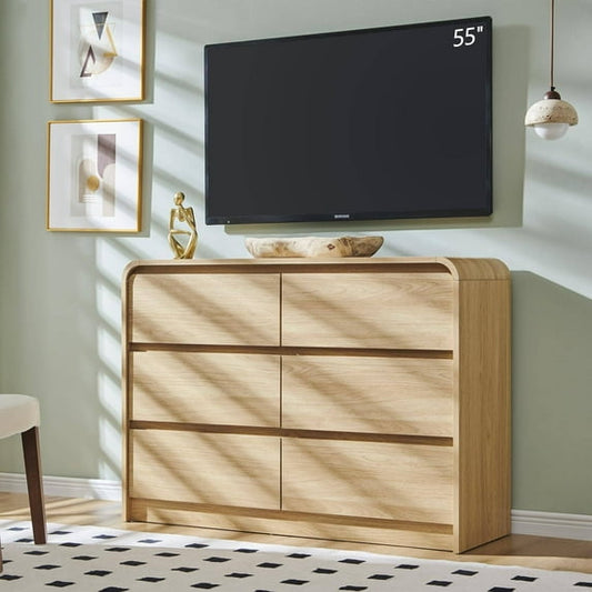 Laintene Modern 6 Drawers Dresser for Bedroom, 53" Wide Wood Dressers & Chests of Drawers w/Curved Profile Design, Mid Century Modern Dresser w/Natural Texture for Bedroom, Living Room, Natural Oak