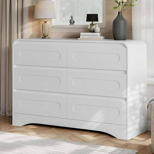 Laintene Modern 6 Drawers Dresser for Bedroom, 53" Wide Wood Dressers & Chests of Drawers w/Curved Profile Design, Mid Century Modern Dresser w/Natural Texture for Bedroom, Living Room,White Oak