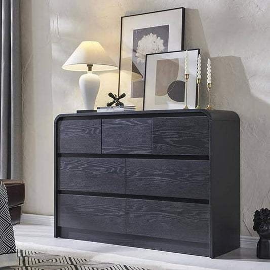 Laintene Modern 6 Drawers Dresser for Bedroom, 53" Wide Wood Dressers & Chests of Drawers w/Curved Profile Design, Mid Century Modern Dresser w/Natural Texture for Bedroom, Living Room, Black Oak