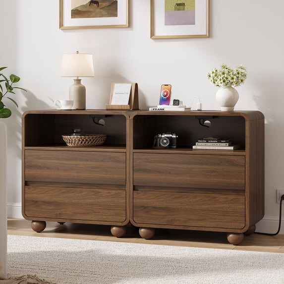 Laintene Modern Nightstand Set of 2, 23.6" Wide Large Bedside Table with 2 Drawers & Charging Station, Curved Wooden End Table for Bedroom Living Room, Walnut