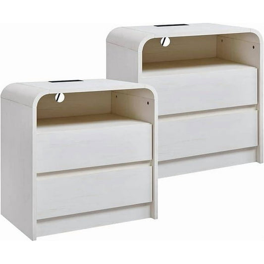 Laintene Modern Nightstand Set of 2 with Charging Station, 23.6'' Wide Wood Bedside Table w/2 Storage Drawers, Large Mid Century End Table for Bedroom, Living Room, Curved Profile Design,White Oak