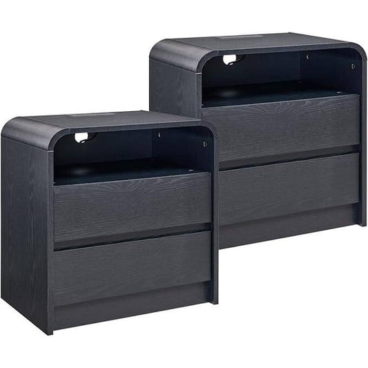 Laintene Modern Nightstand Set of 2 with Charging Station, 23.6'' Wide Wood Bedside Table w/2 Storage Drawers, Large Mid Century End Table for Bedroom, Living Room, Curved Profile Design,Black Oak