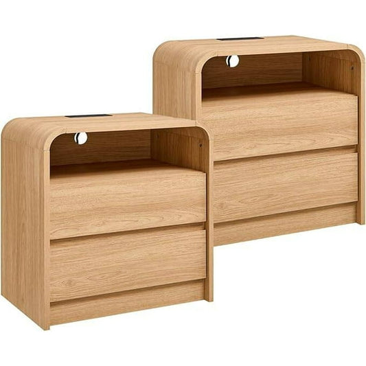 Laintene Modern Nightstand Set of 2 with Charging Station, 23.6'' Wide Wood Bedside Table w/2 Storage Drawers, Large Mid Century End Table for Bedroom, Living Room, Curved Profile Design,Natural Oak