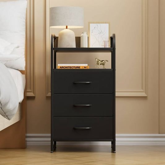 Laintene Night Stand, Bedside Table Bedroom Dresser, 3 Fabric Drawer Storage Organize, End Side Tables Living Room, Black