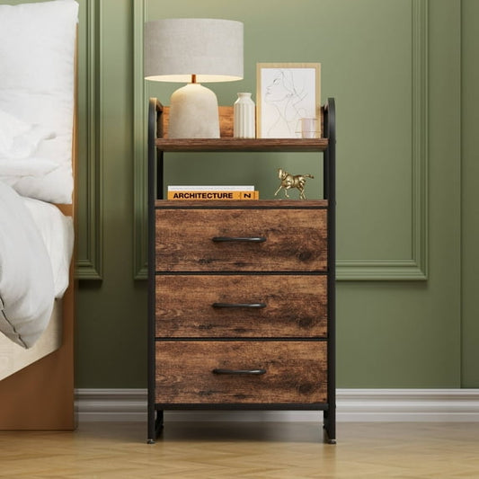 Laintene Nightstand 3 Fabric Drawer, Bedside Table Bedroom Dresser, End Side Tables Living Room, Brown