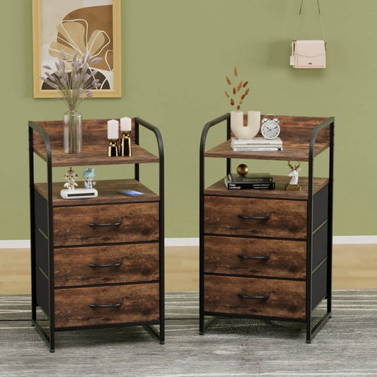 Laintene Night Stand, 3 Fabric Drawer Vertical Dresser, Bedside Table for Bedroom, Side End Tables Living Room Set of 2, Brown