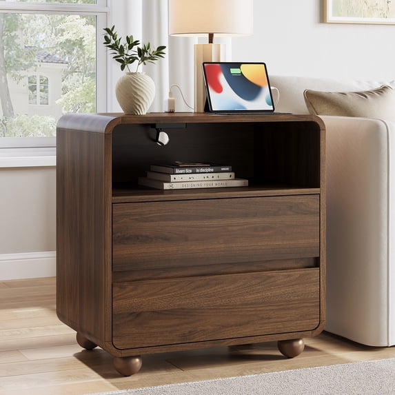 Laintene Nightstand for Bedroom, 23.6" Wide Large Bedside Table with 2 Drawers & Charging Station, Curved Wooden End Table for Bedroom Living Room, Walnut