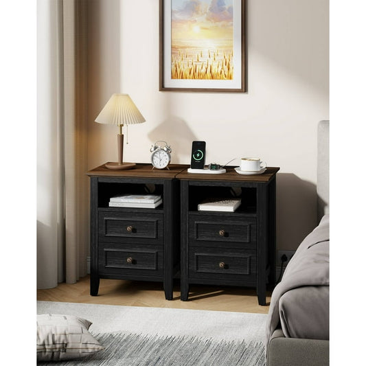 Laintene Nightstand Set of 2 with Charging Station, Farmhouse Bedside Table with 2 Drawers, USB & AC Outlets for Bedroom & Living Room，Oak Black Finish