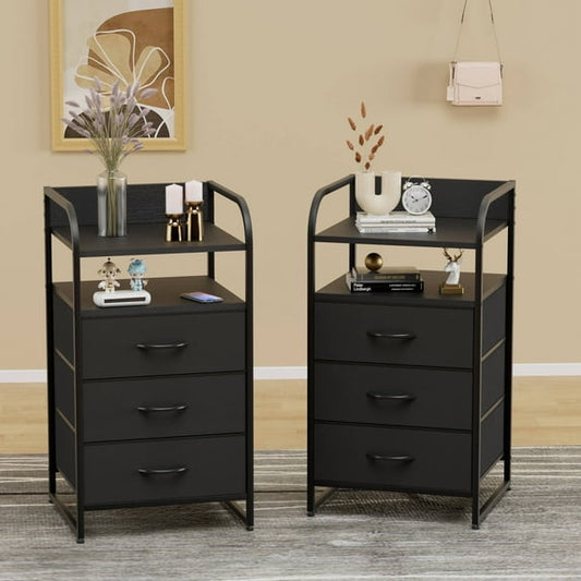 Laintene Nightstand Set of 2, 3-Drawer Fabric Dresser, End Side Tables Living Room, Storage Organizer for Bedroom Closet Furniture, Black