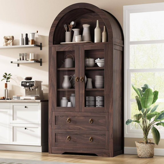 Laintene Pantry Storage Cabinet with Charging Station, Tall Kitchen Pantry with Microwave Shelves, Fluted Storage Cabinet with Open Countertop and Drawer for Dining Living Room, Walnut