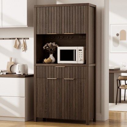 Laintene Pantry Storage Cabinet with Charging Station, Tall Kitchen Pantry with Microwave Shelves, Fluted Storage Cabinet with Open Countertop and Drawer for Dining Living Room, Walnut