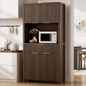 Laintene Pantry Storage Cabinet with Charging Station, Tall Kitchen Pantry with Microwave Shelves, Fluted Storage Cabinet with Open Countertop and Drawer for Dining Living Room, Walnut