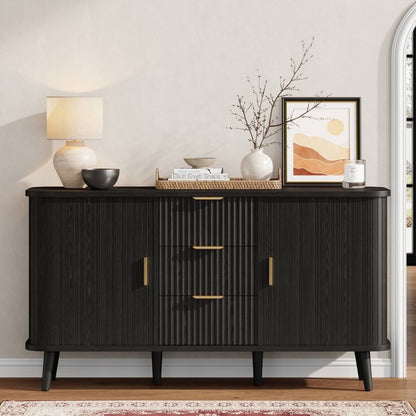 Laintene Sideboard with 3 Drawer, 55" Buffet Cabinet with 2 Sliding Tambour Doors, Modern Fluted Storage Cabinet for Kitchen, Living Room, Hallway, Black