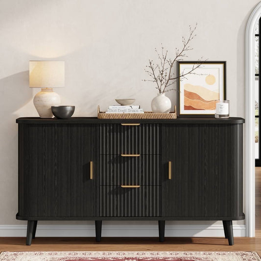 Laintene Sideboard with 3 Drawer, 55" Buffet Cabinet with 2 Sliding Tambour Doors, Modern Fluted Storage Cabinet for Kitchen, Living Room, Hallway, Black