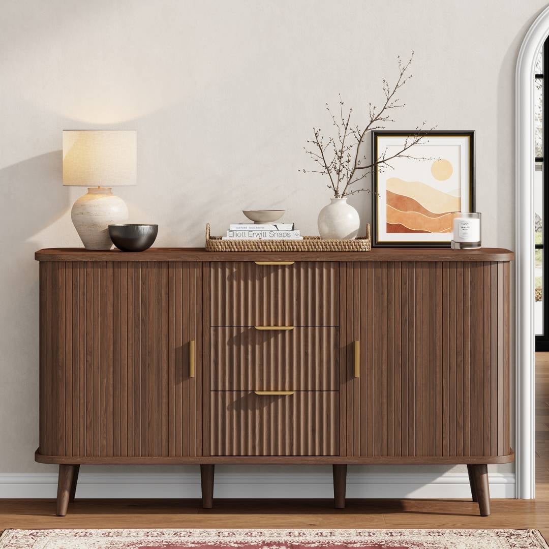 Laintene Sideboard with 3 Drawer, 55" Buffet Cabinet with 2 Sliding Tambour Doors, Modern Fluted Storage Cabinet for Kitchen, Living Room, Hallway, Walnut
