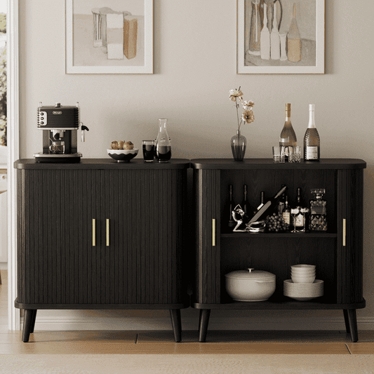 Laintene Sideboard Set of 2, 30" Buffet Cabinet with 2 Sliding Tambour Doors, Adjustable Shelves for Kitchen Storage Cabinet, Accent Entryway Cabinet for Living Room, Black Set of 2