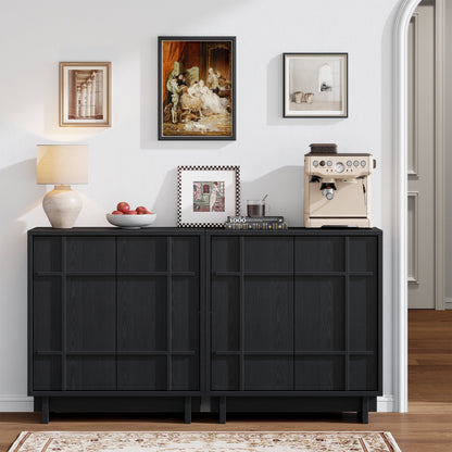 Laintene Sideboard Buffet with Lines Doors, Modern Storage Cabinet with Adjustable Shelves for Kitchen Dining Room, Wood Coffee Bar for Living Room, Black Set of 2