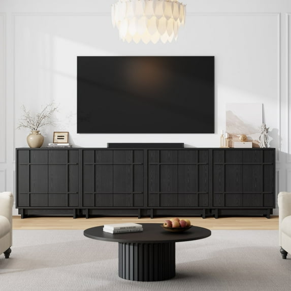 Laintene Buffet Cabinet with Skeletal Lines Doors, Sideboard Storage Cabinet with Adjustable Shelves for Kitchen, Wood Coffee Bar Cabinet TV Stands for Living Room, Black Set of 4