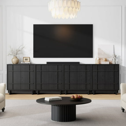 Laintene Buffet Cabinet with Skeletal Lines Doors, Sideboard Storage Cabinet with Adjustable Shelves for Kitchen, Wood Coffee Bar Cabinet TV Stands for Living Room, Black Set of 4