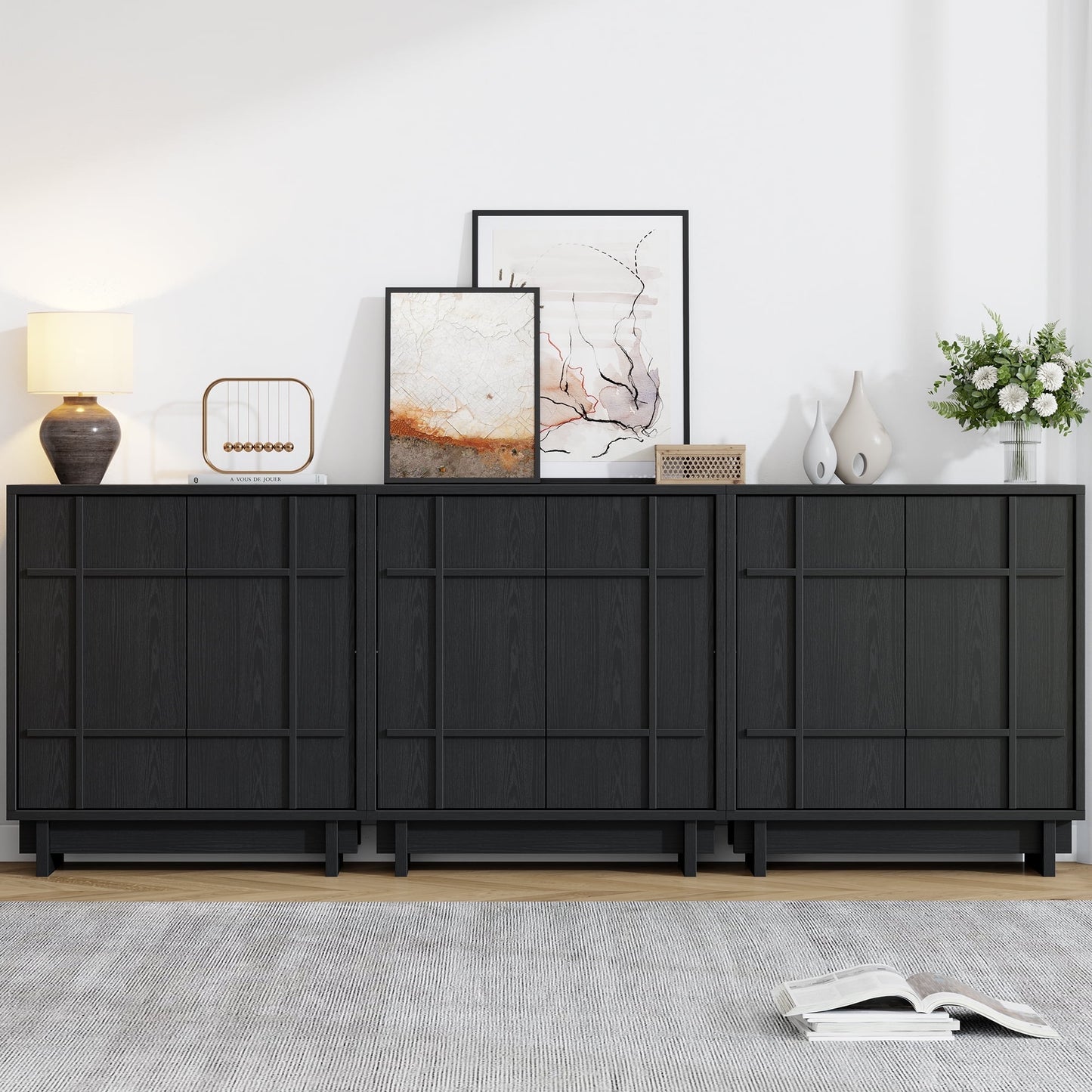 Laintene Buffet Cabinet with Skeletal Lines Doors, Sideboard Storage Cabinet with Adjustable Shelves for Kitchen, Wood Accent Cabinet TV Stands for Living Room, Black Set of 3