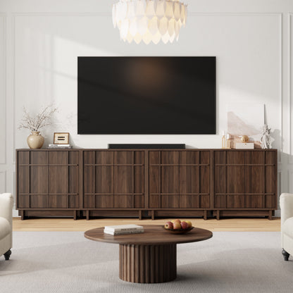 Laintene Buffet Cabinet with Skeletal Lines Doors, Sideboard Storage Cabinet with Adjustable Shelves for Kitchen, Wood Coffee Bar Cabinet TV Stands for Living Room, Walnut Set of 4