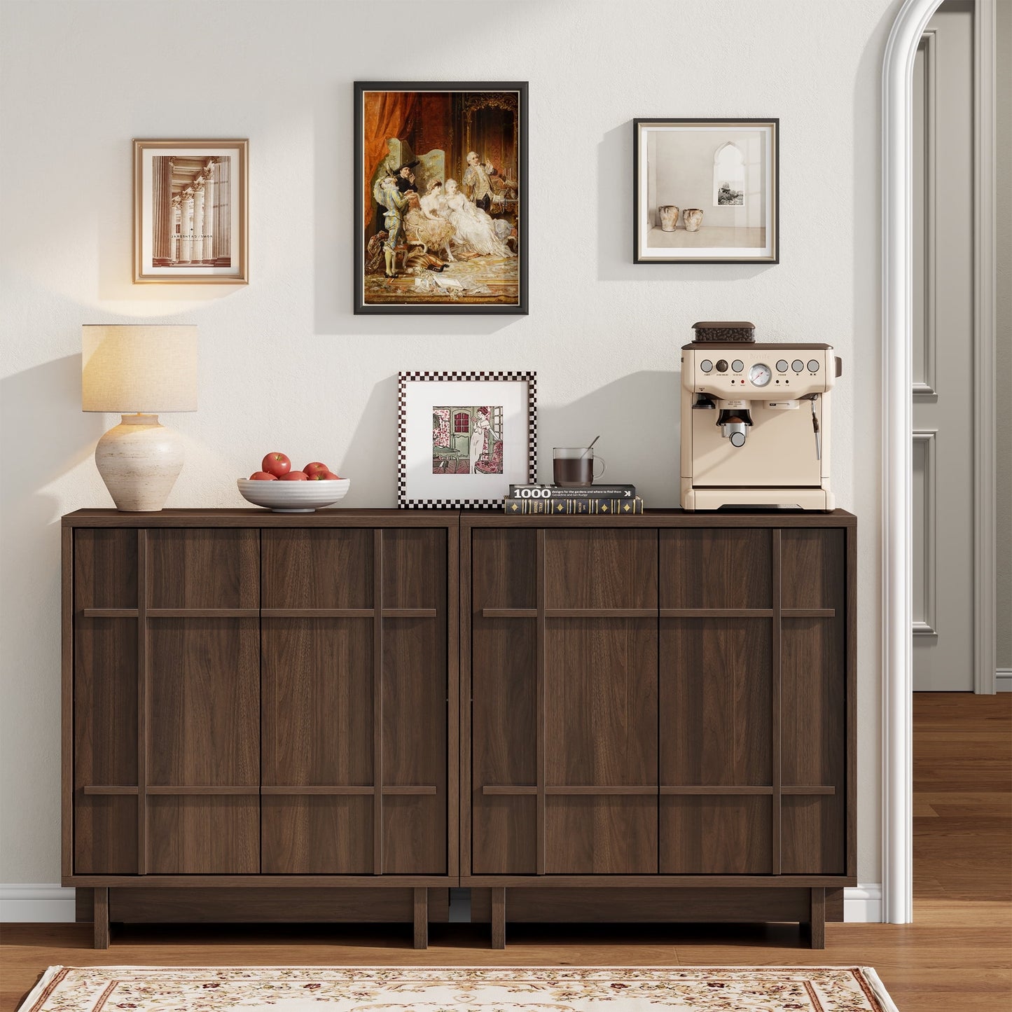 Laintene Sideboard Buffet with Lines Doors, Mid-Century Storage Cabinet with Adjustable Shelves for Kitchen Dining Room, Wood Coffee Bar for Living Room, Walnut Set of 2