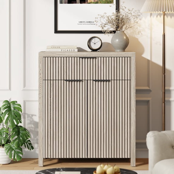 Laintene Sideboard Buffet Cabinet with Drawer, 28" Storage Cabinet with Fluted Panel Doors and Adjustable Shelf for Living Room, Entryway, White Oak