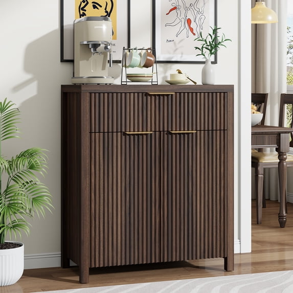 Laintene Sideboard Storage Cabinet, Fluted Buffet Cabinet with Adjustable Shelf and Drawer for Dining Living Room, Entryway, Walnut Set of 2