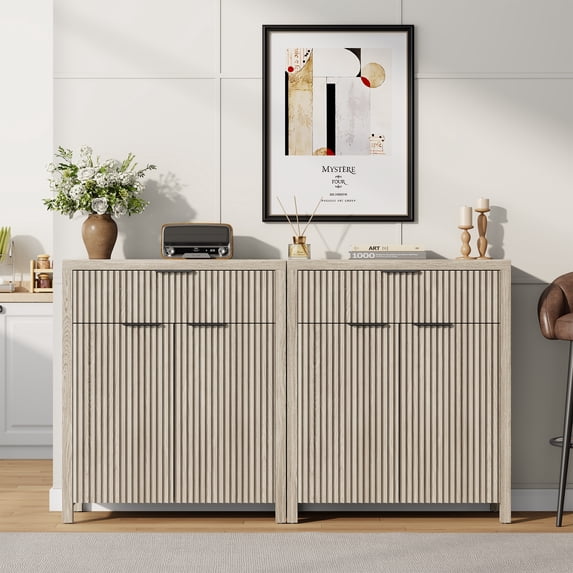 Laintene Sideboard Storage Cabinet, Fluted Buffet Cabinet with Adjustable Shelf and Drawer for Dining Living Room, Entryway, White Oak Set of 2